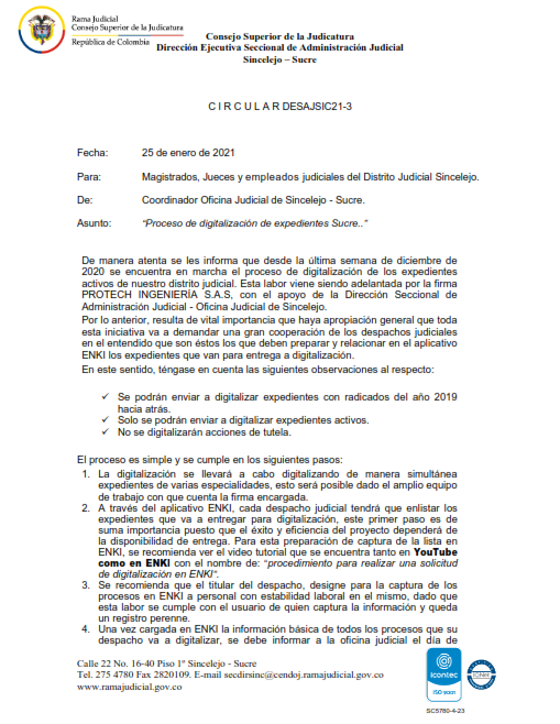 CIRCULAR DESAJSIC21-3 - Proceso de digitalización de expedientes Sucre